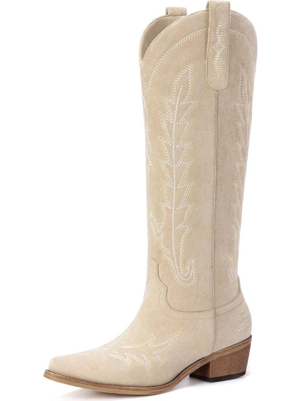 Women Beige Suede Pull On Zipper Knee High Pointed Toe Chunky Cowgirl Boot